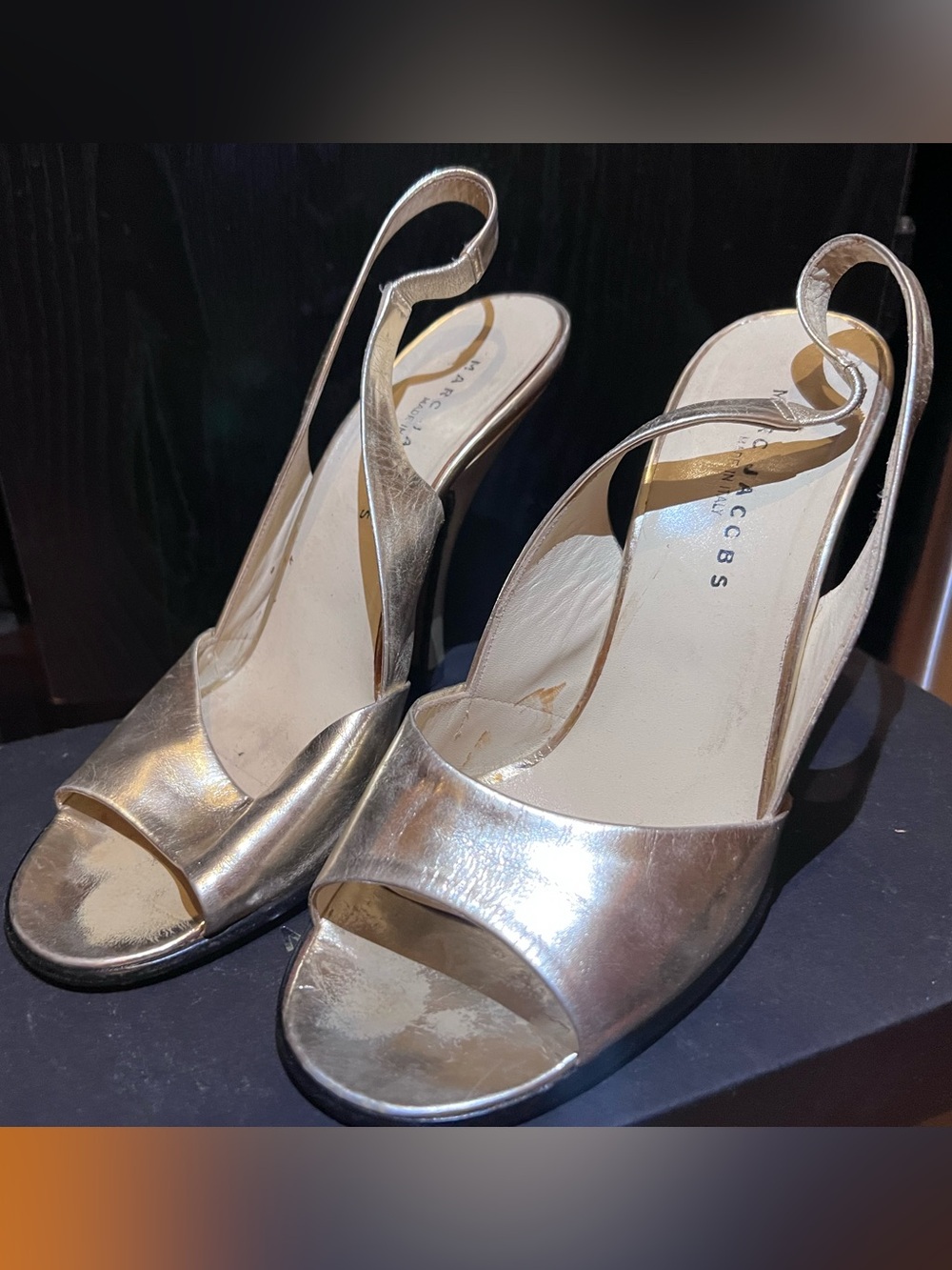 Marc Jacobs Shimmery Gold Slingback Peep-Toe Heels